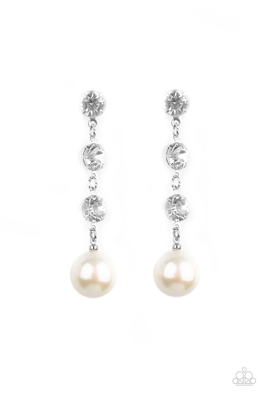 Yacht Scene White Pearl Earring - Paparazzi Accessories  Encased in sleek silver fittings, a trio of classic white rhinestones give way to an oversized iridescent pearl, creating an elegantly extended chandelier. Earring attaches to a standard post fitting.  All Paparazzi Accessories are lead free and nickel free!  Sold as one pair of post earrings.