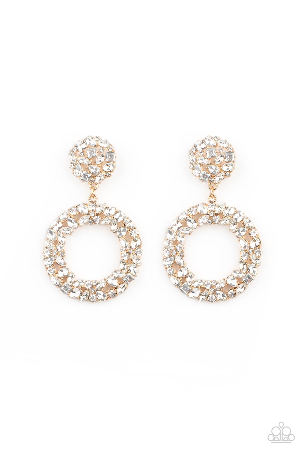 Party Ensemble Gold Earring - Paparazzi Accessories  A sparkly wreath of marquise, square, teardrop, and classic white rhinestones delicately swings from the bottom of a matching round golden frame, creating a dramatically dazzling statement piece. Earring attaches to a standard post fitting.  Sold as one pair of post earrings.