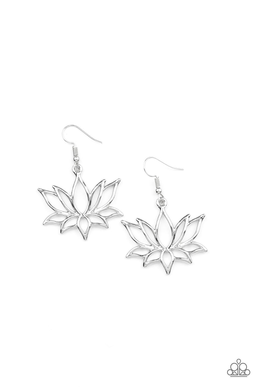 Lotus Ponds Silver Earring - Paparazzi Accessories  Brushed in a high sheen shimmer, an oversized silver lotus swings from the ear for a seasonal fashion. Earring attaches to a standard fishhook fitting.  All Paparazzi Accessories are lead free and nickel free!  Sold as one pair of earrings.