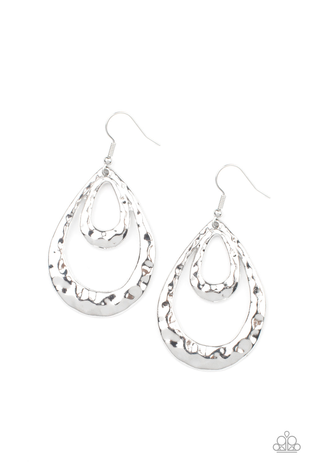 Museum Muse Silver Earring - Paparazzi Accessories. Hammered silver teardrops join into an edgy layered lure, creating an intense industrial display. Earring attaches to a standard fishhook fitting.  All Paparazzi Accessories are lead free and nickel free!  Sold as one pair of earrings.