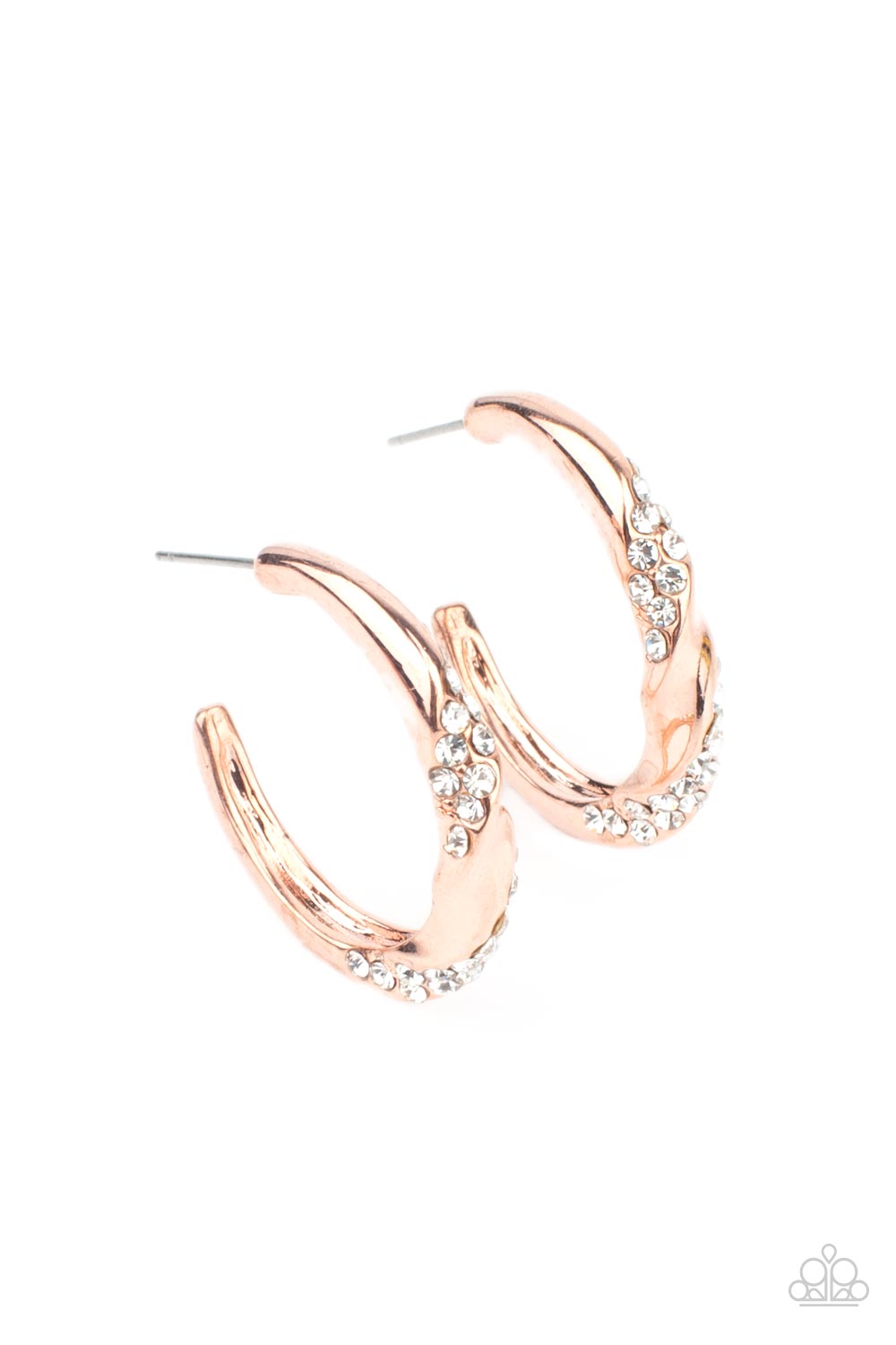 Subliminal Shimmer Copper Hoop Earring - Paparazzi Accessories  Ribbons of white rhinestones wrap around a dainty shiny copper hoop that has been chiseled and twisted, adding extra dimension. Earring attaches to a standard post fitting. Hoop measures approximately 1" in diameter.  Sold as one pair of hoop earrings.