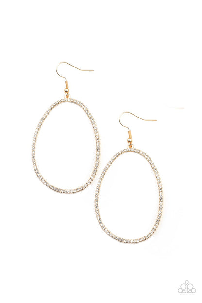 OVAL-ruled! Gold Earring - Paparazzi Accessories  Dotted in dainty white rhinestones, an asymmetrical oval gold frame swings from the ear for a sassy look. Earring attaches to a standard fishhook fitting.  All Paparazzi Accessories are lead free and nickel free!  Sold as one pair of earrings.
