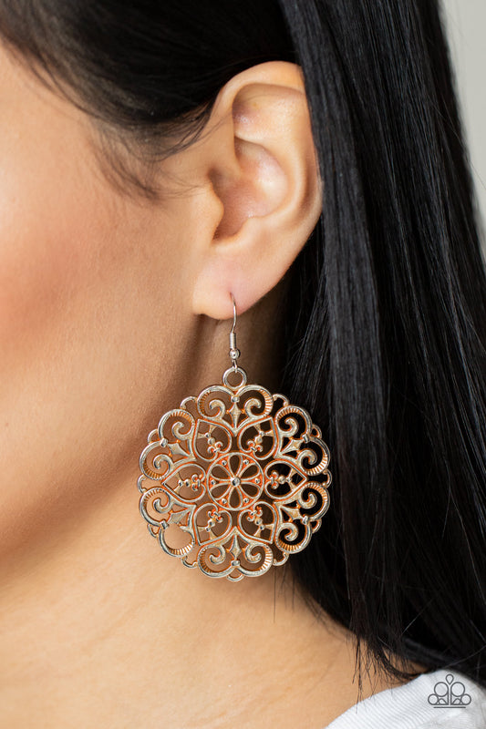 MANDALA Effect Orange Earring - Paparazzi Accessories Item #P5ST-OGXX-021XX Brushed in a rustic orange finish, an oversized mandala-like silver frame swings from the ear for a seasonal pop of color. Earring attaches to a standard fishhook fitting.  Sold as one pair of earrings.
