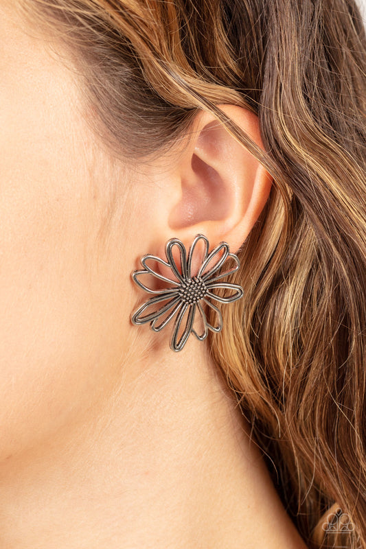 Artisan Arbor Silver Post Earring - Paparazzi Accessories  Airy silver petals bloom from a studded silver center, creating a rustic flower. Earring attaches to a standard post fitting.  Sold as one pair of post earrings.