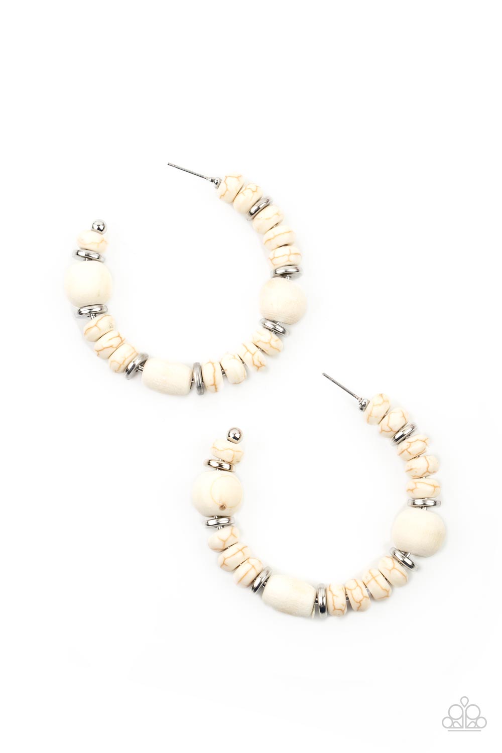Definitely Down-To-Earth White Hoop Earring - Paparazzi Accessories  An earthy collection of white stone beads, silver discs, and white wooden beads are delicately threaded along a dainty wire, creating an artisan inspired hoop. Earring attaches to a standard post fitting. Hoop measures approximately 2" in diameter.  Sold as one pair of hoop earrings.