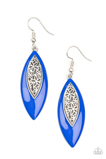 Venetian Vanity Blue Earring - Paparazzi Accessories  Asymmetrically bordered in a bright Mykonos Blue frame, airy silver filigree blooms along the center of a colorful lure for a seasonal flair. Earring attaches to a standard fishhook fitting.  All Paparazzi Accessories are lead free and nickel free!  Sold as one pair of earrings.