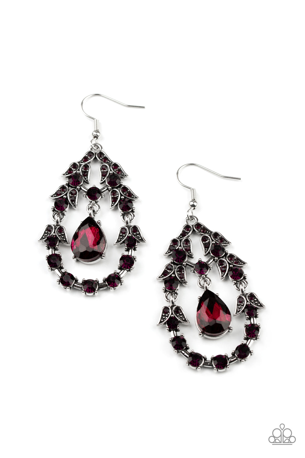 Garden Decorum - Purple Item #P5RE-PRXX-163XX A solitaire purple teardrop rhinestone swings from the top of an ornately hinged teardrop frame adorned in purple rhinestone dotted leafy silver frames, creating a glamorous centerpiece. Earring attaches to a standard fishhook fitting.  Sold as one pair of earrings.