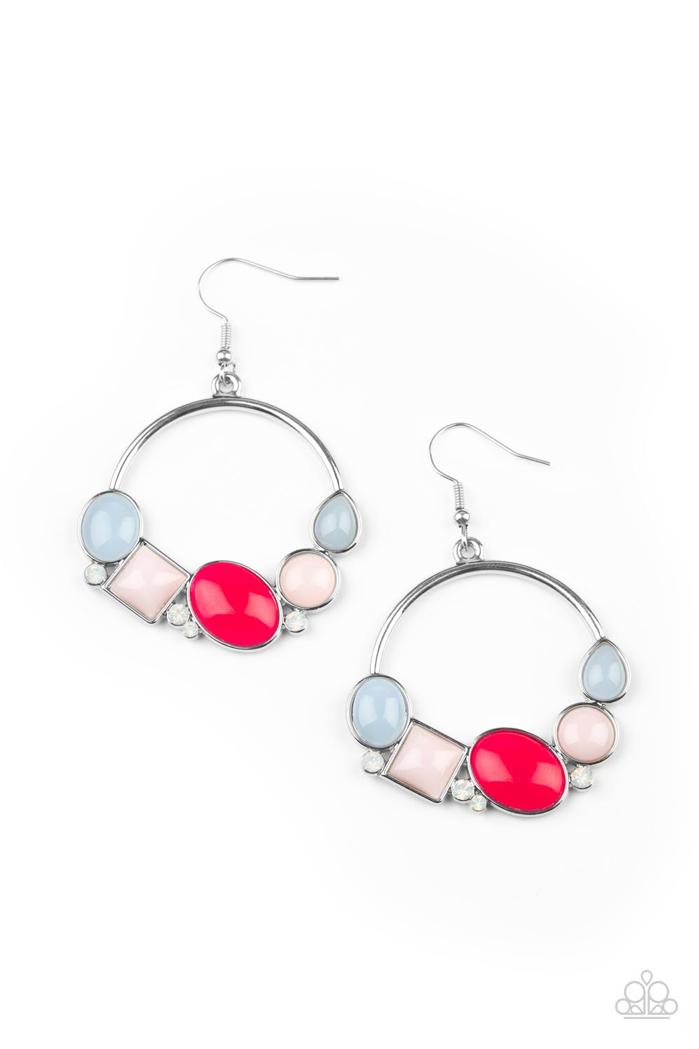 Beautifully Bubblicious Multi Earring - Paparazzi Accessories  Dainty opalescent white rhinestones are sprinkled between mismatched dewy Cerulean, pink, and Raspberry Sorbet beads along the bottom of a silver hoop, creating a bubbly pop of color. Earring attaches to a standard fishhook fitting.  All Paparazzi Accessories are lead free and nickel free!  Sold as one pair of earrings.