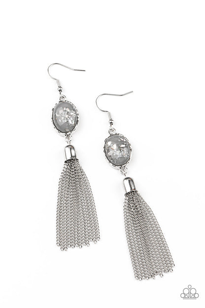 Oceanic Opalescence Silver Earring - Paparazzi Accessories  Flecks of shells are encased in a glassy gray bead that is encased in a hammered silver frame. A silver chain tassel swings from the bottom of an iridescent frame, creating an ethereal display. Earring attaches to a standard fishhook fitting.  Sold as one pair of earrings.