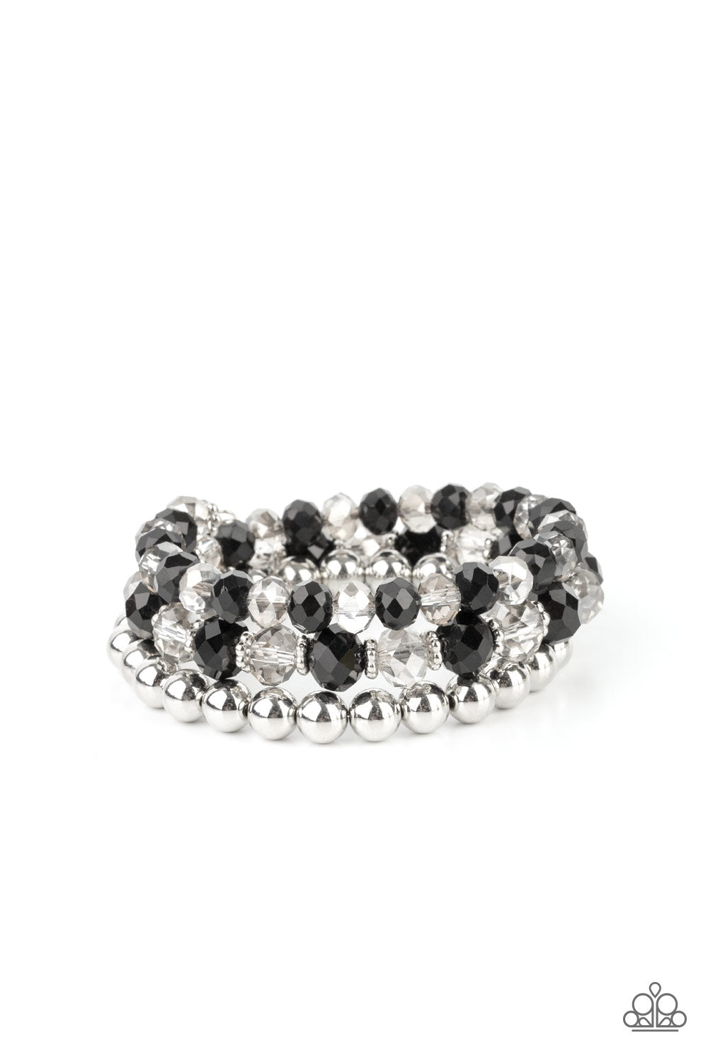 Gimme Gimme Black Bracelet - Paparazzi Accessories  Sections of shiny silver beads and an alternating pattern of smoky and glittery black rhinestone gems gradually increase in size along a coiled wire, creating a jaw-dropping infinity wrap bracelet around the wrist.  All Paparazzi Accessories are lead free and nickel free!  Sold as one individual bracelet.
