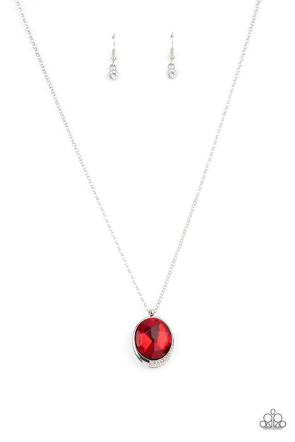 Fashion Finale Red Necklace - Paparazzi Accessories  An oversized red gem is pressed into a sleek silver fitting dipped in dainty white rhinestones, creating a glamorous pendant at the bottom of a dainty silver chain. Features an adjustable clasp closure.  Sold as one individual necklace. Includes one pair of matching earrings.