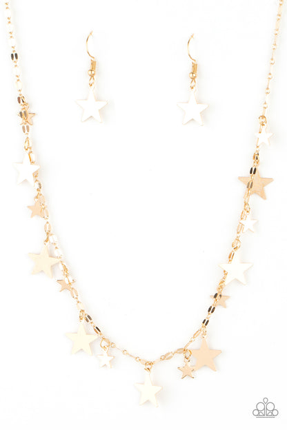 Starry Shindig Gold Necklace - Paparazzi Accessories  Varying in size, dainty shiny gold stars alternate along decorative gold chain, creating a stellar fringe below the collar. Features an adjustable clasp closure.  All Paparazzi Accessories are lead free and nickel free!   Sold as one individual necklace. Includes one pair of matching earrings.