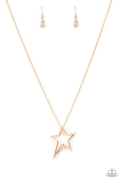 Light Up The Sky Gold Necklace - Paparazzi Accessories  Infused with a dainty white rhinestone beaded accent, a striking gold star glides along a shiny gold chain below the collar, creating a stellar pendant. Features an adjustable clasp closure.  All Paparazzi Accessories are lead free and nickel free!  Sold as one individual necklace. Includes one pair of matching earrings.