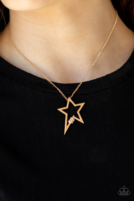 Light Up The Sky Gold Necklace - Paparazzi Accessories  Infused with a dainty white rhinestone beaded accent, a striking gold star glides along a shiny gold chain below the collar, creating a stellar pendant. Features an adjustable clasp closure.  All Paparazzi Accessories are lead free and nickel free!  Sold as one individual necklace. Includes one pair of matching earrings.