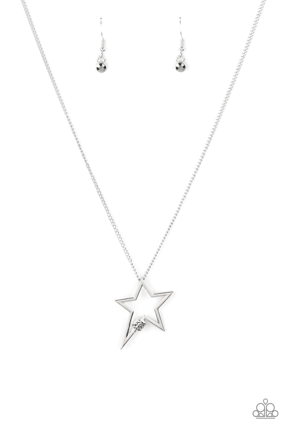 Light Up The Sky Silver Necklace - Paparazzi Accessories  Infused with a dainty hematite rhinestone beaded accent, a striking silver star glides along a shiny silver chain below the collar, creating a stellar pendant. Features an adjustable clasp closure.  All Paparazzi Accessories are lead free and nickel free!  Sold as one individual necklace. Includes one pair of matching earrings.