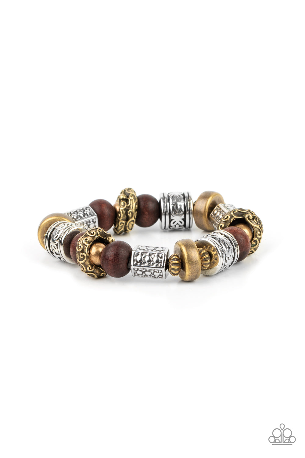 Exploring The Elements Multi Bracelet - Paparazzi Accessories  Stamped, studded, and embossed in tribal inspired patterns, a collection of chunky brass and silver beads join earthy wooden beads along a stretchy band around the wrist for an earthy flair.  All Paparazzi Accessories are lead free and nickel free!  Sold as one individual bracelet.