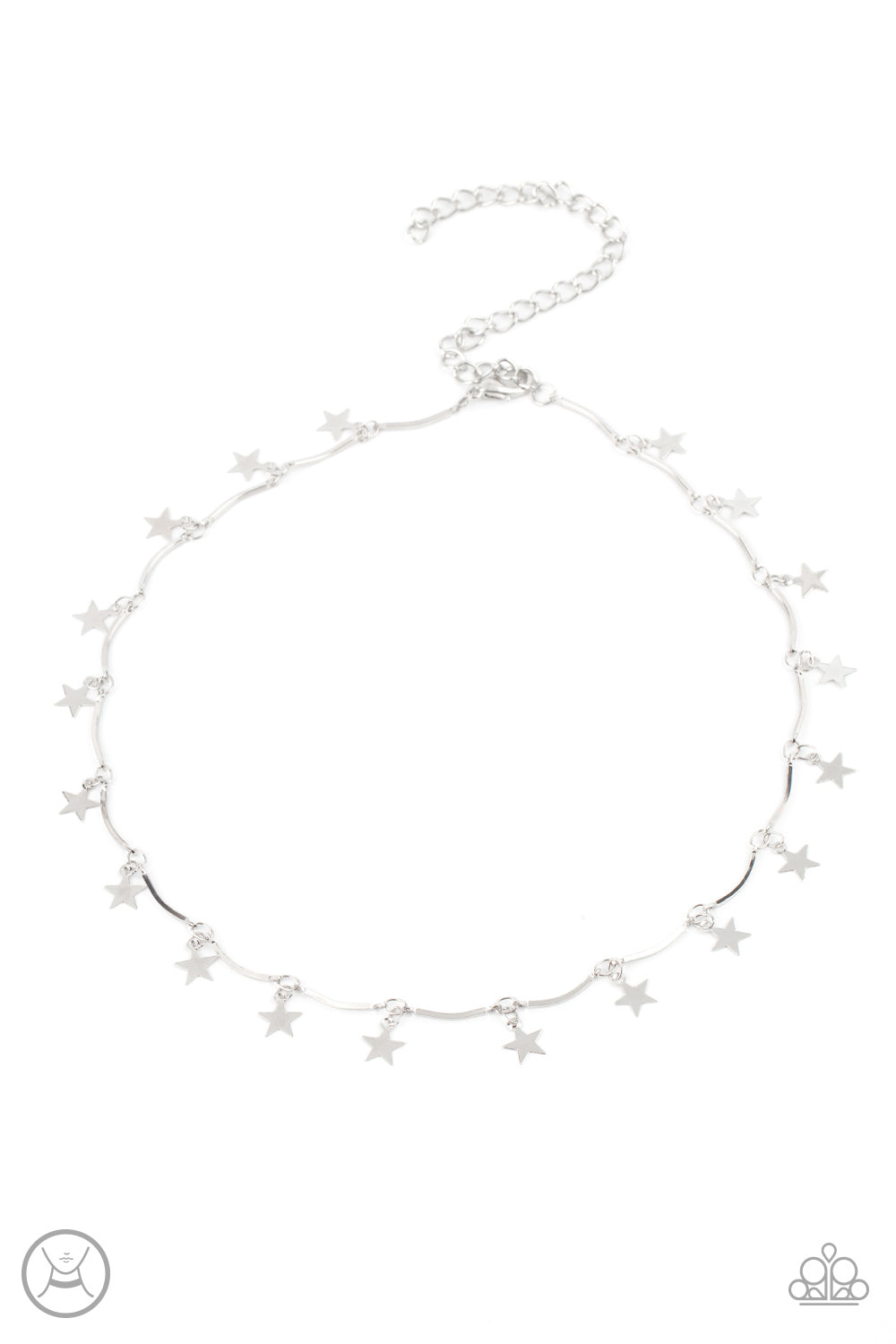 Little Miss Americana Silver Choker Necklace - Paparazzi Accessories  A collection of dainty silver stars and curved silver bars delicately connect around the neck, creating a stellar fringe. Features an adjustable clasp closure.  All Paparazzi Accessories are lead free and nickel free!  Sold as one individual necklace. Includes one pair of matching earrings. Get The Complete Look! Bracelet: "Party in the USA - Silver" (Sold Separately)