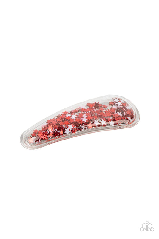 Oh, My Stars and Stripes Red Hair Clip - Paparazzi Accessories  A stellar collection of shimmery red and white stars sparkle back and forth inside a clear plastic frame, creating an eye-catching twinkle. Features a standard snap hair clip on the back.  Sold as one individual hair clip.