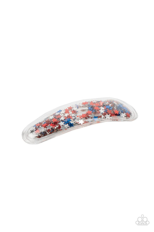 Oh, My Stars and Stripes Multi Hair Clip - Paparazzi Accessories.  A stellar collection of shimmery red, silver, and blue stars sparkle back and forth inside a clear plastic frame, creating an eye-catching twinkle. Features a standard snap hair clip on the back.  ﻿All Paparazzi Accessories are lead free and nickel free!  Sold as one individual hair clip.