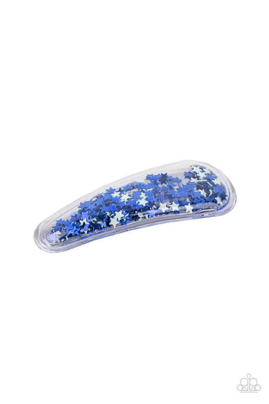 Oh, My Stars and Stripes Blue Hair Clip - Paparazzi Accessories  A stellar collection of shimmery white and blue stars sparkle back and forth inside a clear plastic frame, creating an eye-catching twinkle. Features a standard snap hair clip on the back.  Sold as one individual hair clip.