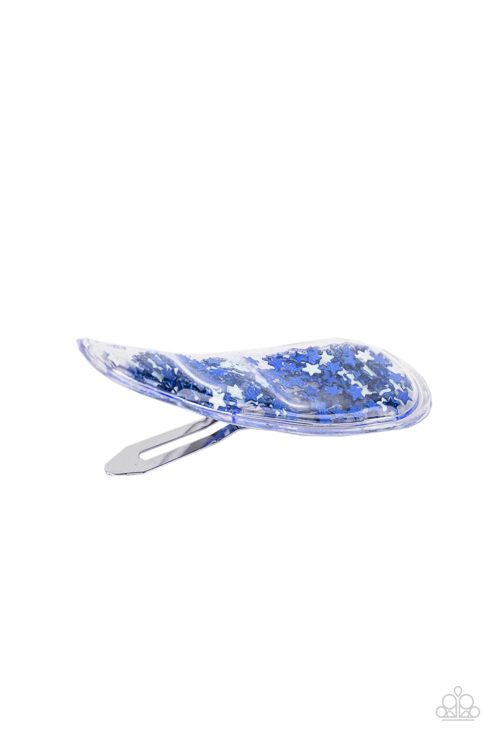 Oh, My Stars and Stripes Blue Hair Clip - Paparazzi Accessories  A stellar collection of shimmery white and blue stars sparkle back and forth inside a clear plastic frame, creating an eye-catching twinkle. Features a standard snap hair clip on the back.  Sold as one individual hair clip.
