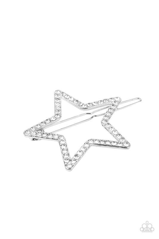 Stellar Standout White Hair Clip - Paparazzi Accessories  The front of an oversized silver star is encrusted in glittery white rhinestones, creating an inspiring patriotic shimmer. Features a clamp barrette closure.  Sold as one individual barrette.