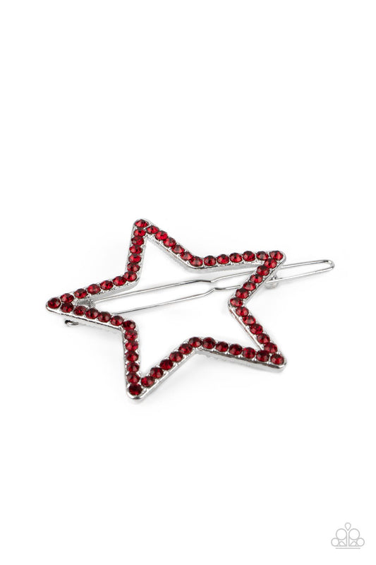 Stellar Standout Red Hair Clip - Paparazzi Accessories  The front of an oversized silver star is encrusted in fiery red rhinestones, creating an inspiring patriotic shimmer. Features a clamp barrette closure.  ﻿All Paparazzi Accessories are lead free and nickel free!  Sold as one individual barrette.