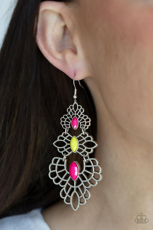 Flamboyant Frills Multi Earring - Paparazzi Accessories  Suspended in the centers of three web-like silver frames, Raspberry Sorbet and Illuminating marquise cut beads create flashy focal points. Graduating in size from top to bottom, the airy frames connect into an irresistibly flamboyant lure. Earring attaches to a standard fishhook fitting.  All Paparazzi Accessories are lead free and nickel free!  Sold as one pair of earrings.
