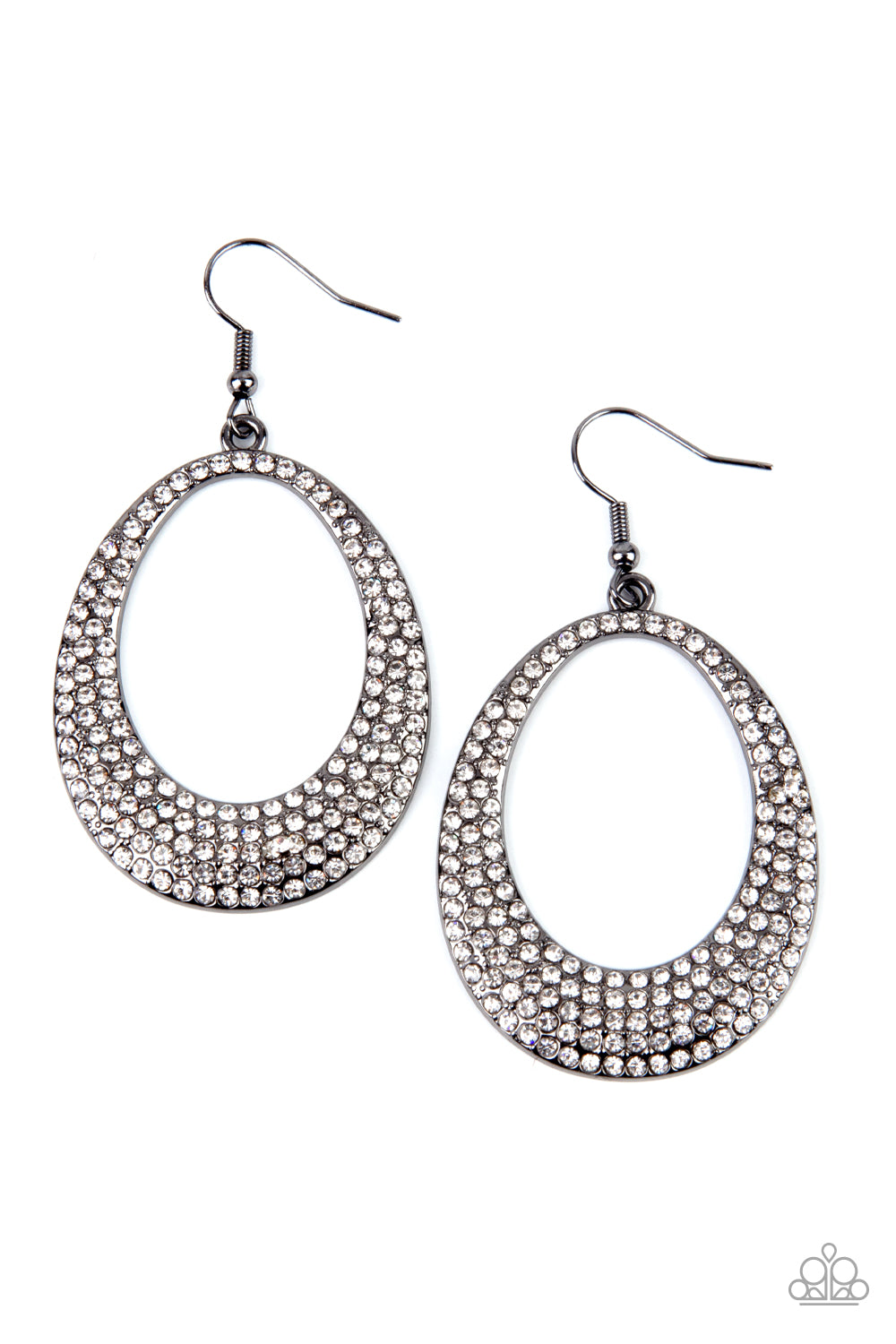 Storybook Bride Black Earring - Paparazzi Accessories  Shiny gunmetal oval frames with airy cut-out centers, are covered in brilliant white rhinestones, creating an enchanting lure. Earring attaches to a standard fishhook fitting.  All Paparazzi Accessories are lead free and nickel free!  Sold as one pair of earrings.