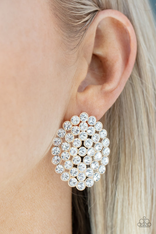 Drama School Dropout Gold Post Earring - Paparazzi Accessories  Brilliant white rhinestones encased in classic shiny gold fittings are connected into an oval frame and coalesce into a lacework of shimmer. Earring attaches to a standard post fitting.  Sold as one pair of post earrings.
