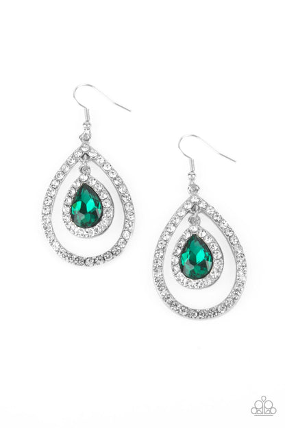 Blushing Bride - Green Item #P5RE-GRXX-154XX A brilliant green teardrop gem, encased in a sparkling white rhinestone frame, creates a striking pendant as it dangles inside an airy teardrop frame encrusted with white rhinestones and culminates into a mesmerizing lure. Earring attaches to a standard fishhook fitting.  Sold as one pair of earrings.
