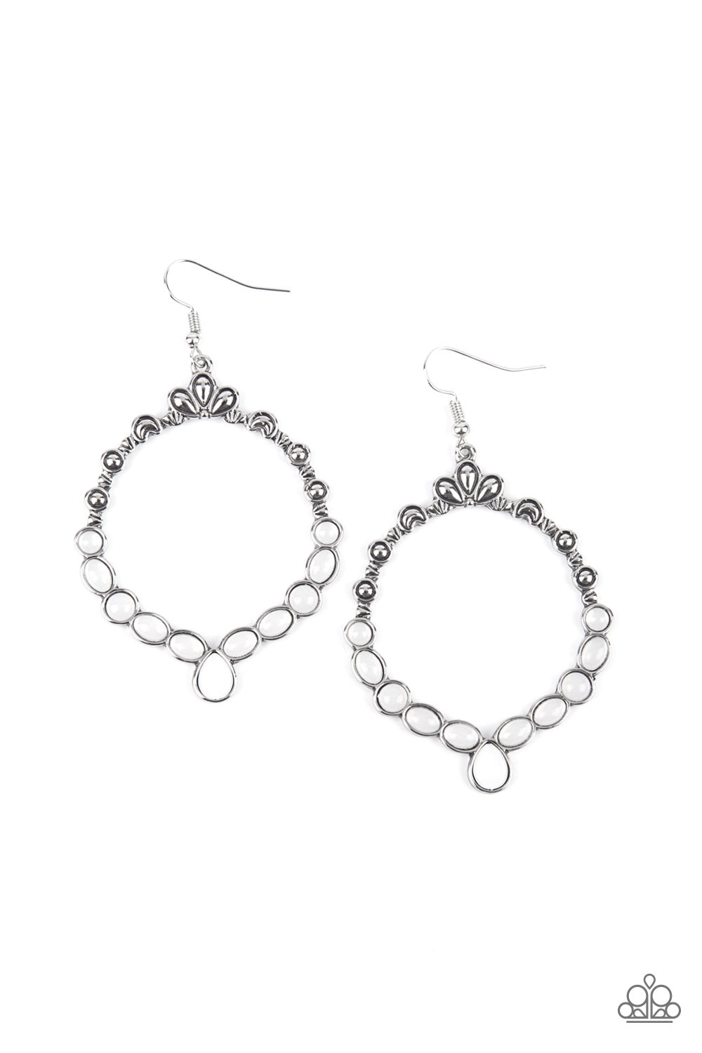 Thai Treasures White Earring - Paparazzi Accessories  Ornate floral motifs decorate the top half of an airy circular silver frame. A row of dewy white oval and round beads creates a border along the lower half of the frame, culminating in a single teardrop accent for a demurely enchanting lure. Earring attaches to a standard fishhook fitting.  Sold as one pair of earrings.