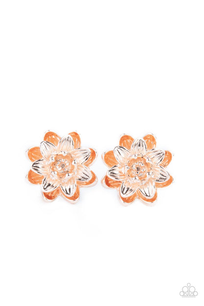 Water Lily Love Rose Gold Post Earring - Paparazzi Accessories  Layers of rose gold petals brushed in varying finishes burst forth in brilliant blooms creating an eye-catching three-dimensional shimmer. Earring attaches to a standard post fitting.  All Paparazzi Accessories are lead free and nickel free!  Sold as one pair of post earrings.