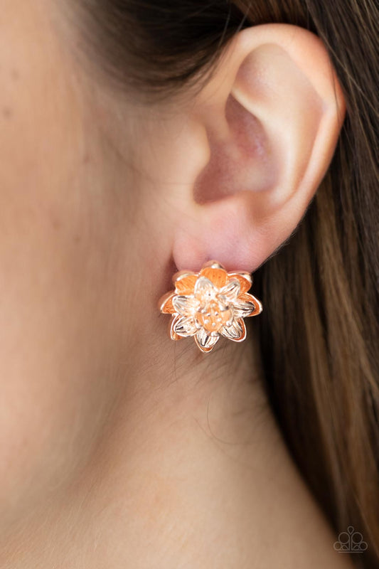 Water Lily Love Rose Gold Post Earring - Paparazzi Accessories  Layers of rose gold petals brushed in varying finishes burst forth in brilliant blooms creating an eye-catching three-dimensional shimmer. Earring attaches to a standard post fitting.  All Paparazzi Accessories are lead free and nickel free!  Sold as one pair of post earrings.