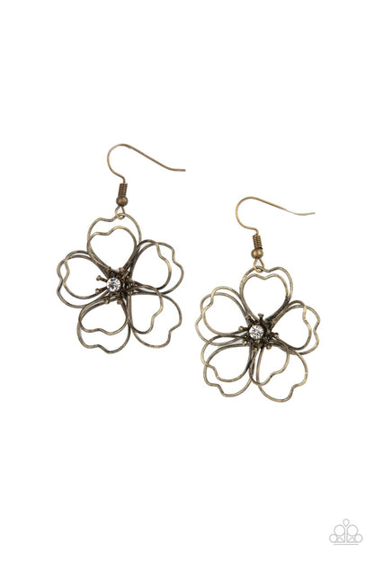Petal Power Brass Earring - Paparazzi Accessories  Layers of heart-shaped petals molded from antiqued brass wire create an airy three-dimensional flower. A dainty white rhinestone dots the center adding sparkle to the whimsical frame. Earring attaches to a standard fishhook fitting.  Sold as one pair of earrings.