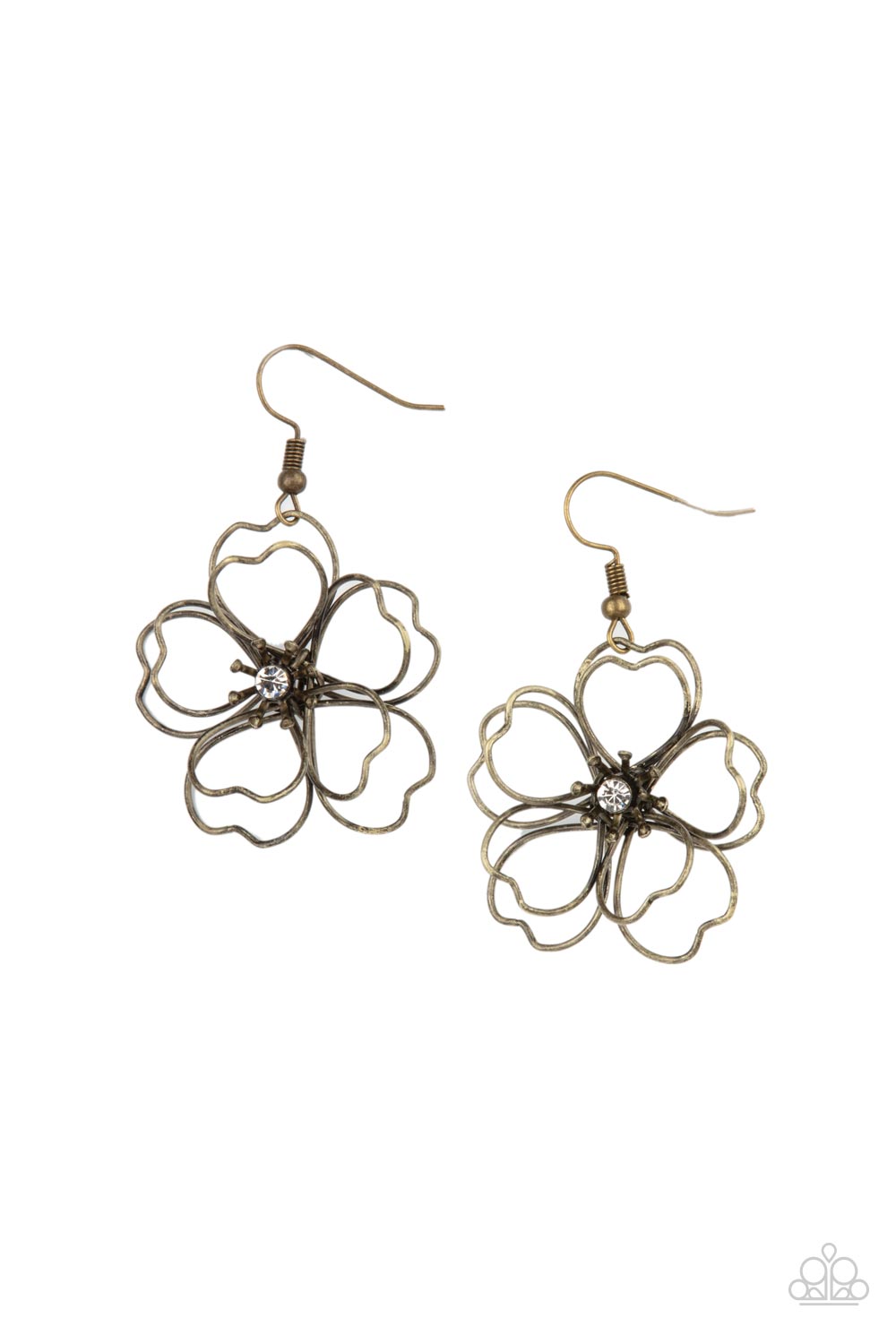 Petal Power Brass Earring - Paparazzi Accessories  Layers of heart-shaped petals molded from antiqued brass wire create an airy three-dimensional flower. A dainty white rhinestone dots the center adding sparkle to the whimsical frame. Earring attaches to a standard fishhook fitting.  Sold as one pair of earrings.
