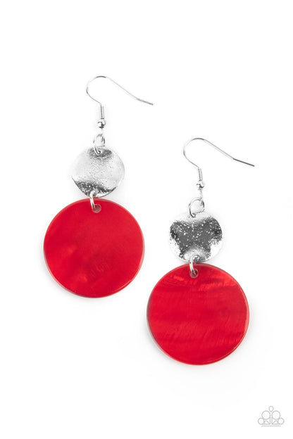 Opulently Oasis Red Earring - Paparazzi Accessories  An oversized shell-like disc is topped by a wavy, sparkling silver disc. The pair sways dramatically from a silver fitting for a breezy finish. Earring attaches to a standard fishhook fitting.  All Paparazzi Accessories are lead free and nickel free!  Sold as one pair of earrings.