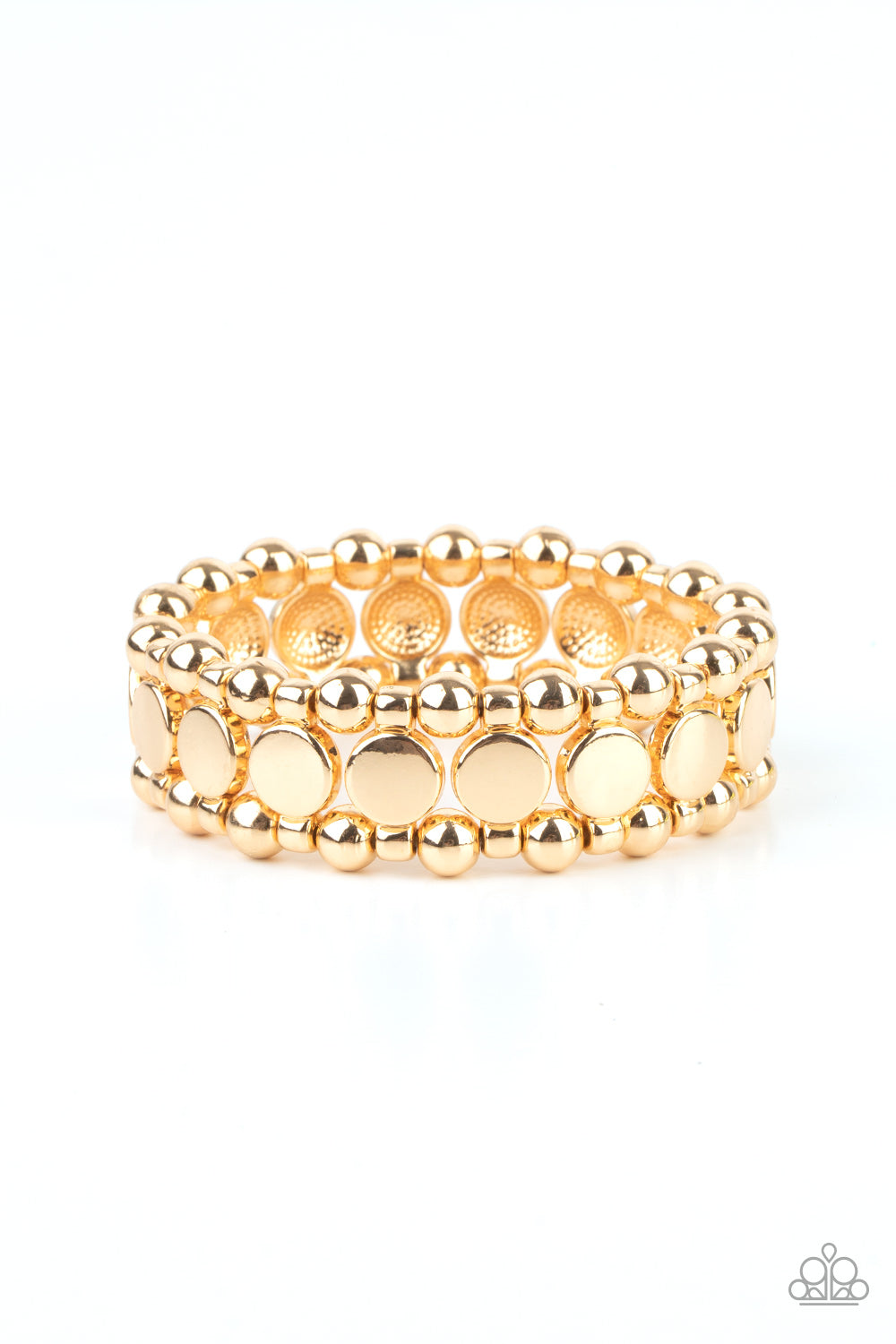 Metro Magnetism Gold Bracelet - Paparazzi Accessories  Glistening gold disc fittings and pairs of classic gold beads are threaded along stretchy bands around the wrist that connect into a bold industrial display around the wrist.  All Paparazzi Accessories are lead free and nickel free!  Sold as one individual bracelet.