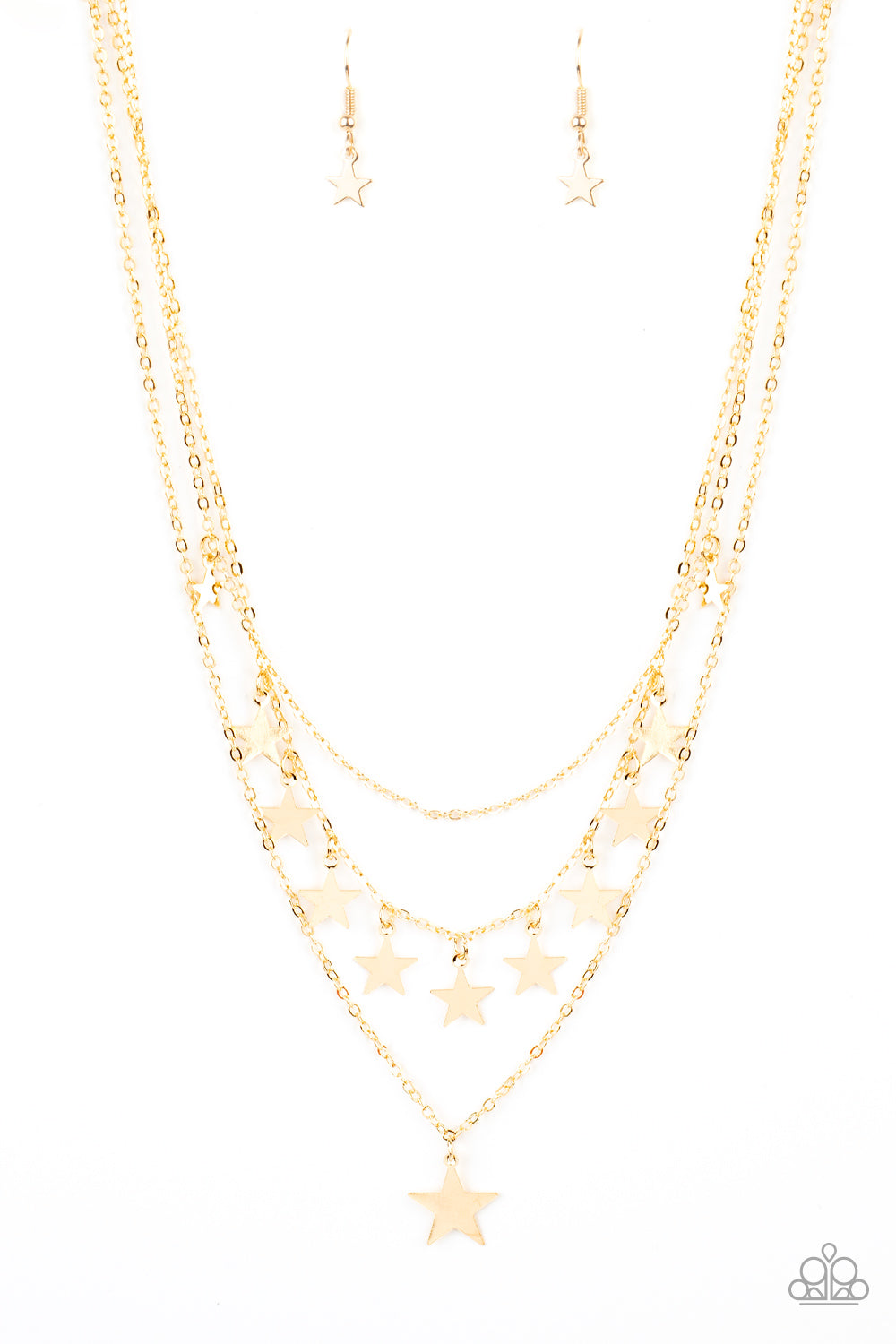 Americana Girl Gold Necklace - Paparazzi Accessories  Haphazardly dotted in shiny gold star charms, three dainty gold chains layer below the collar for a stellar look. Features an adjustable clasp closure.  Sold as one individual bracelet.