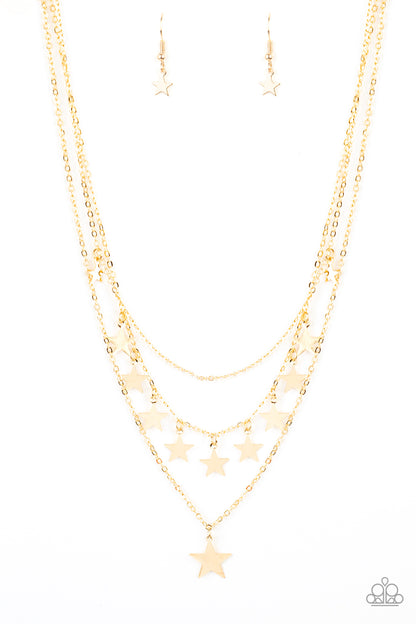 Americana Girl Gold Necklace - Paparazzi Accessories  Haphazardly dotted in shiny gold star charms, three dainty gold chains layer below the collar for a stellar look. Features an adjustable clasp closure.  Sold as one individual bracelet.