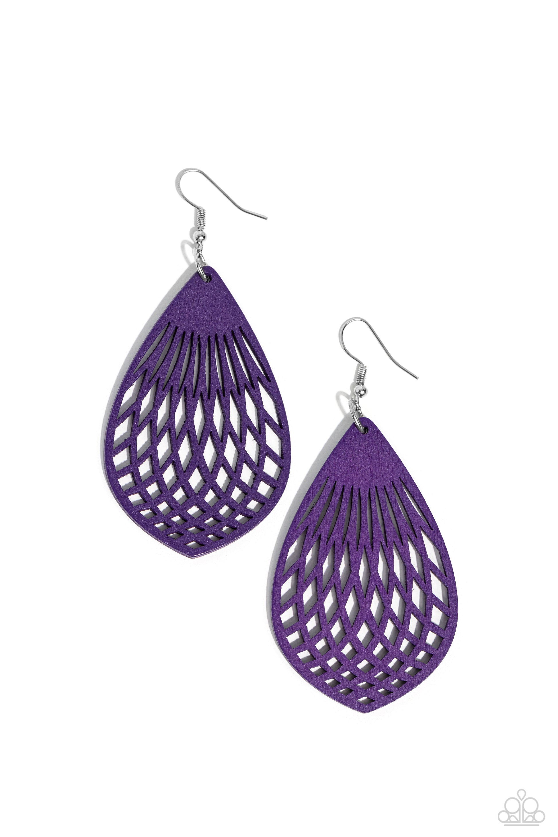 Caribbean Coral Purple Wooden Earring - Paparazzi Accessories  Painted in a vibrant purple finish, an airy teardrop wooden frame features a geometric cut-out design resulting in a whimsically modern lure. Earring attaches to a standard fishhook fitting.  Sold as one pair of earrings.  Sku:  P5SE-PRXX-081XX