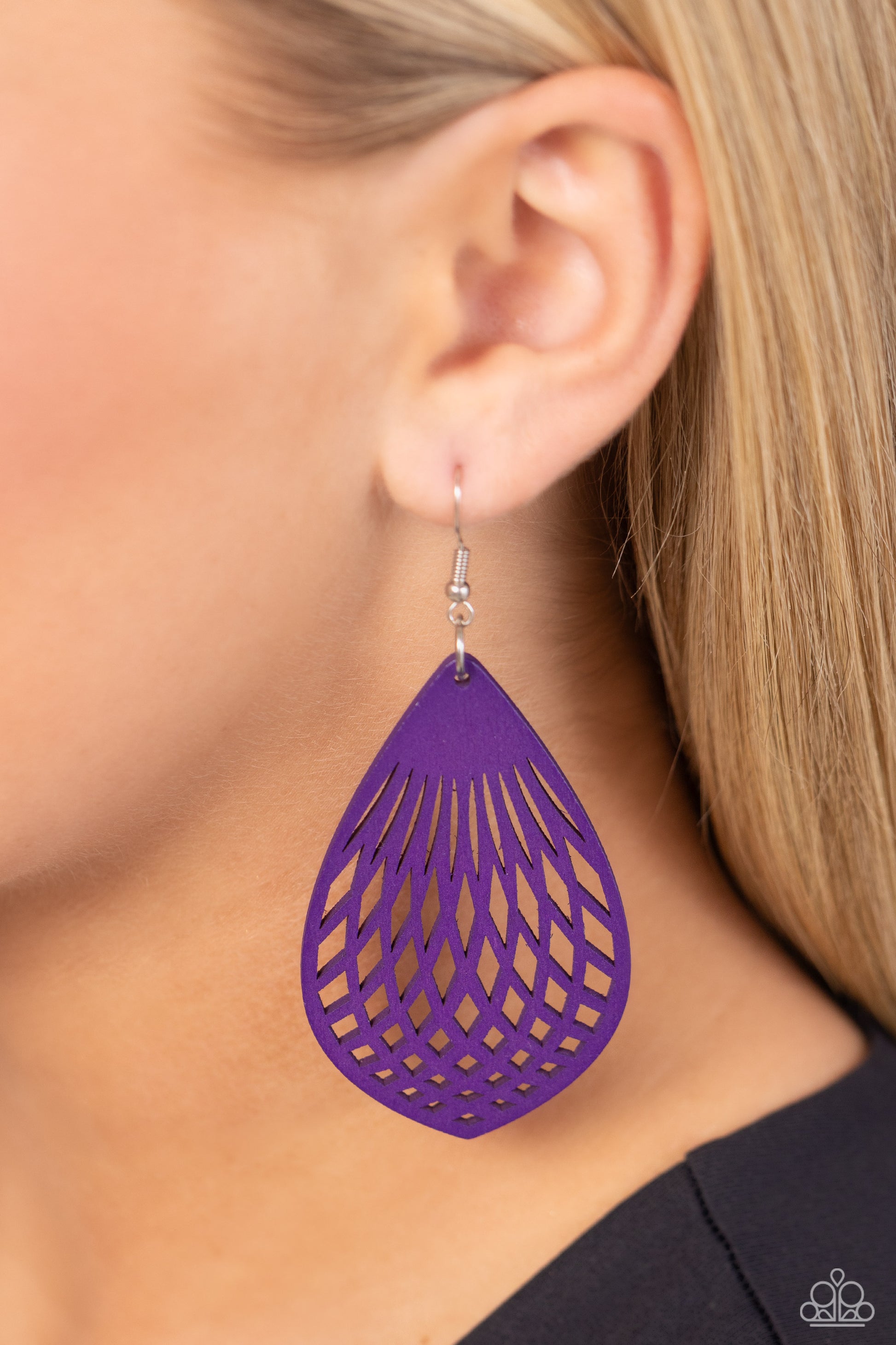 Caribbean Coral Purple Wooden Earring - Paparazzi Accessories  Painted in a vibrant purple finish, an airy teardrop wooden frame features a geometric cut-out design resulting in a whimsically modern lure. Earring attaches to a standard fishhook fitting.  Sold as one pair of earrings.  Sku:  P5SE-PRXX-081XX