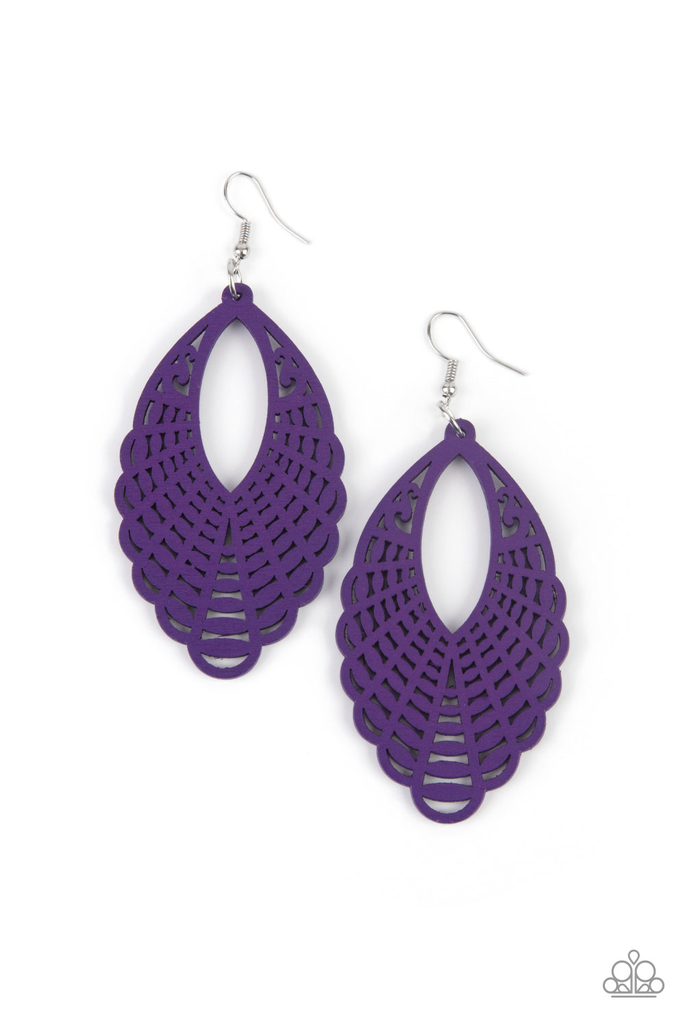 Tahiti Tankini Purple Wooden Earring - Paparazzi Accessories  Painted in a vibrant purple finish, a wooden marquise-shaped frame features a mandala-inspired cut-out design creating a dreamy lure that calls to the wanderlust adventure seeker. Earring attaches to a standard fishhook fitting.  All Paparazzi Accessories are lead free and nickel free!  Sold as one pair of earrings.