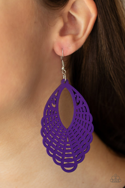 Tahiti Tankini Purple Wooden Earring - Paparazzi Accessories  Painted in a vibrant purple finish, a wooden marquise-shaped frame features a mandala-inspired cut-out design creating a dreamy lure that calls to the wanderlust adventure seeker. Earring attaches to a standard fishhook fitting.  All Paparazzi Accessories are lead free and nickel free!  Sold as one pair of earrings.