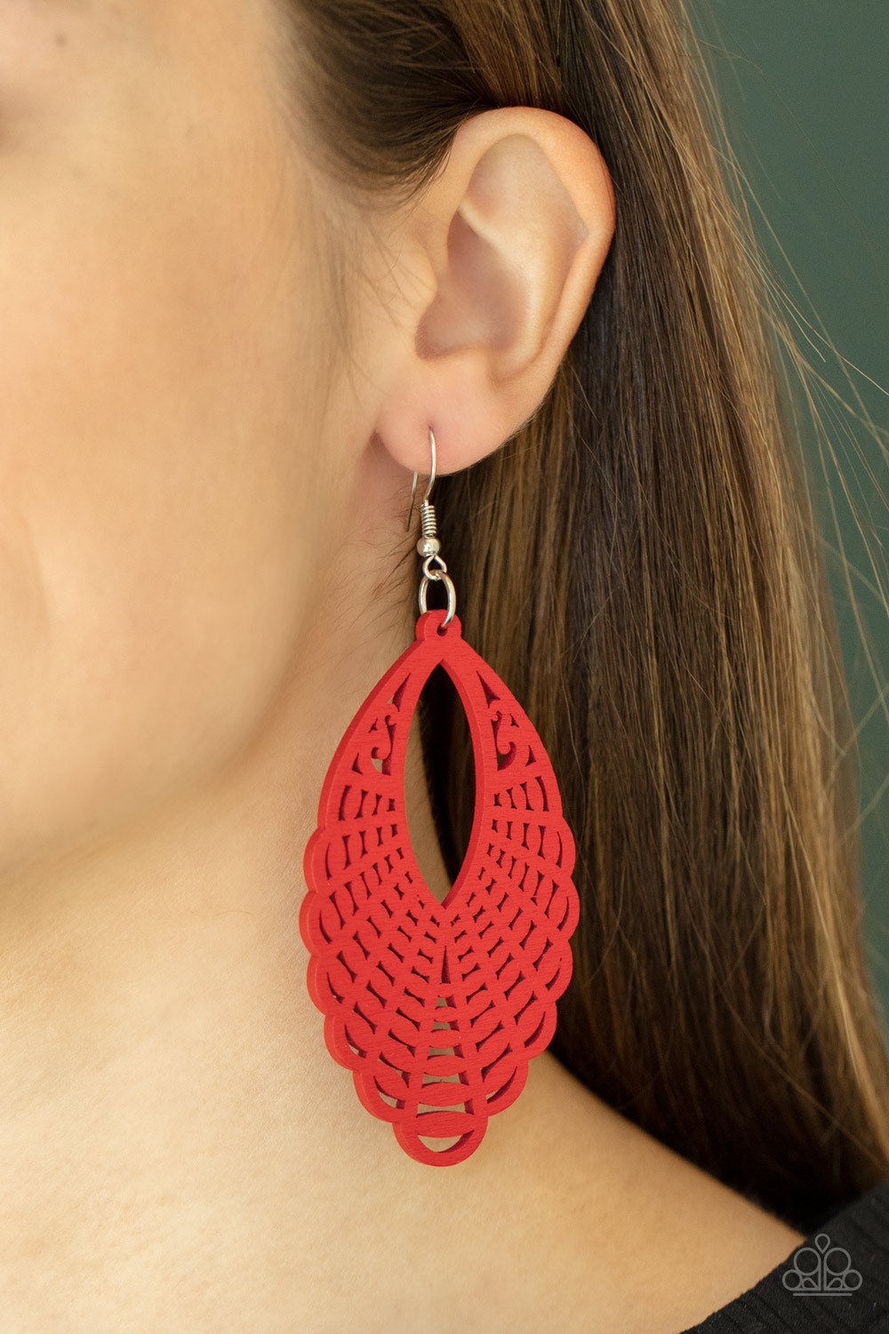 Tahiti Tankini Red Wooden Earring - Paparazzi Accessories  Painted in a vibrant red finish, a wooden marquise-shaped frame features a mandala-inspired cut-out design creating a dreamy lure that calls to the wanderlust adventure seeker. Earring attaches to a standard fishhook fitting.  Sold as one pair of earrings.