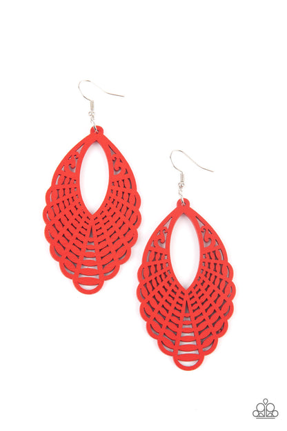 Tahiti Tankini Red Wooden Earring - Paparazzi Accessories  Painted in a vibrant red finish, a wooden marquise-shaped frame features a mandala-inspired cut-out design creating a dreamy lure that calls to the wanderlust adventure seeker. Earring attaches to a standard fishhook fitting.  Sold as one pair of earrings.