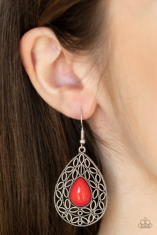 Fanciful Droplets - Red Item #P5WH-RDXX-142XX Fanciful teardrop frames filled with a charming leaf motif filigree envelop a bright red teardrop bead creating a captivating lure. Earring attaches to a standard fishhook fitting.  Sold as one pair of earrings.