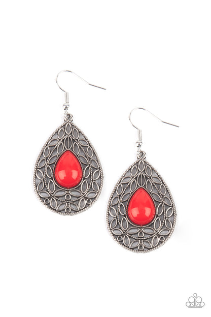 Fanciful Droplets - Red Item #P5WH-RDXX-142XX Fanciful teardrop frames filled with a charming leaf motif filigree envelop a bright red teardrop bead creating a captivating lure. Earring attaches to a standard fishhook fitting.  Sold as one pair of earrings.