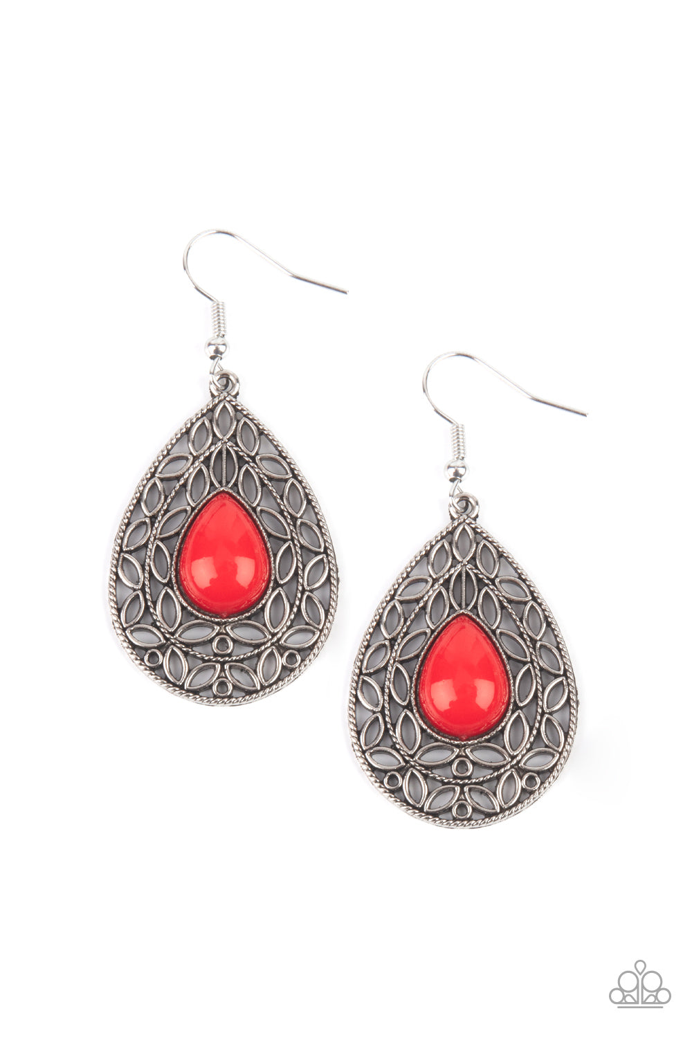 Fanciful Droplets - Red Item #P5WH-RDXX-142XX Fanciful teardrop frames filled with a charming leaf motif filigree envelop a bright red teardrop bead creating a captivating lure. Earring attaches to a standard fishhook fitting.  Sold as one pair of earrings.
