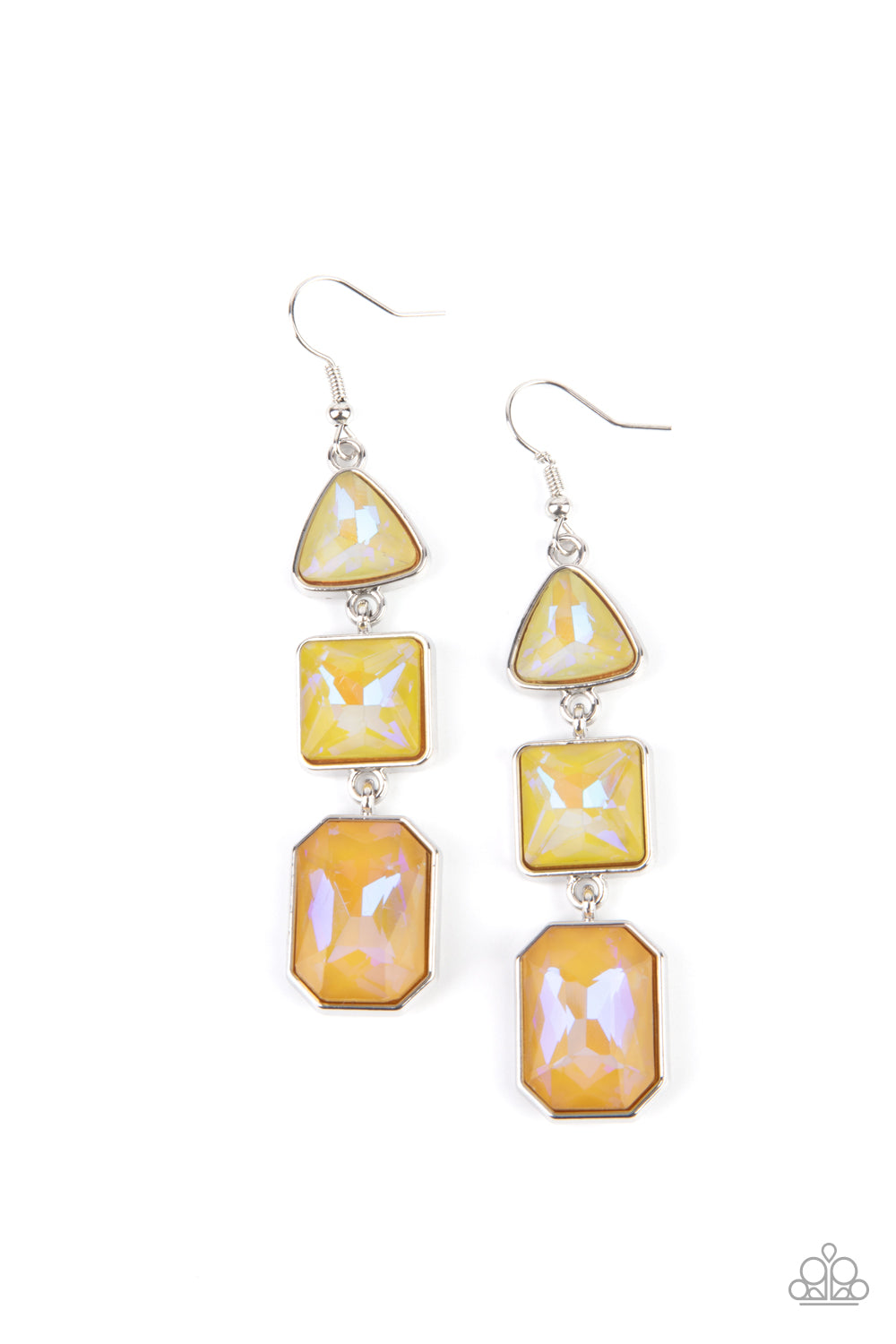 Cosmic Culture Yellow Earring - Paparazzi Accessories  Featuring a yellow UV shimmer, a trio of geometrically shaped gems pressed into silver frames link together culminating in a cosmically stellar lure. Earring attaches to a standard fishhook fitting.  Sold as one pair of earrings.